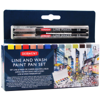 Набір Line and Wash Paint Pan, 12 кольорів+пензель з резервуаром+2 лінери, Derwent