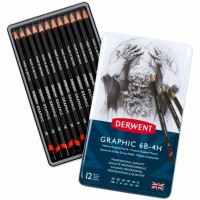 Набір графітних олівців Graphic Medium, 12 шт (6B-4H), в метал. коробці, Derwent