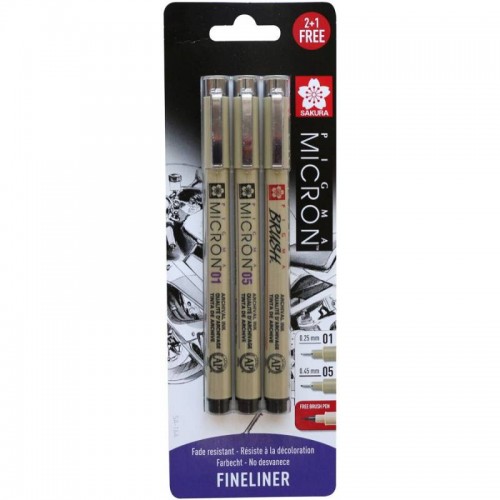 Набор линеров PIGMA MICRON 2шт, (0.1/0.5) + 1 линер-кисть Pigma Brush В ПОДАРОК, Черный, в блистере, Sakura - Канц Киев для вас