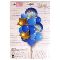 Набір з 16 кульок "Pelican" /K-569 blue/ 4 фольгованих 18" 45 см, 12 латексних 12" 30,5 см , Happy Birthday - синій з золотом