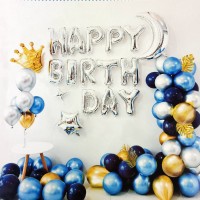 Фотозона із повітряних кульок /T-8932/ "Happy birthday" срібло та синє (1/10)