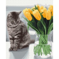 Картина за номерами "Brushme" /BS52638/ "Котик з тюльпанами" 40*50см